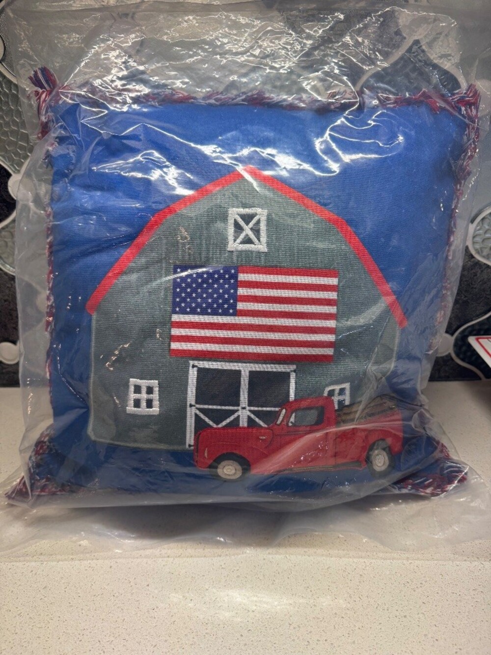 Cracker Barrel Patriotic Americana Throw Pillow Red Truck Barn US Flag Cracker